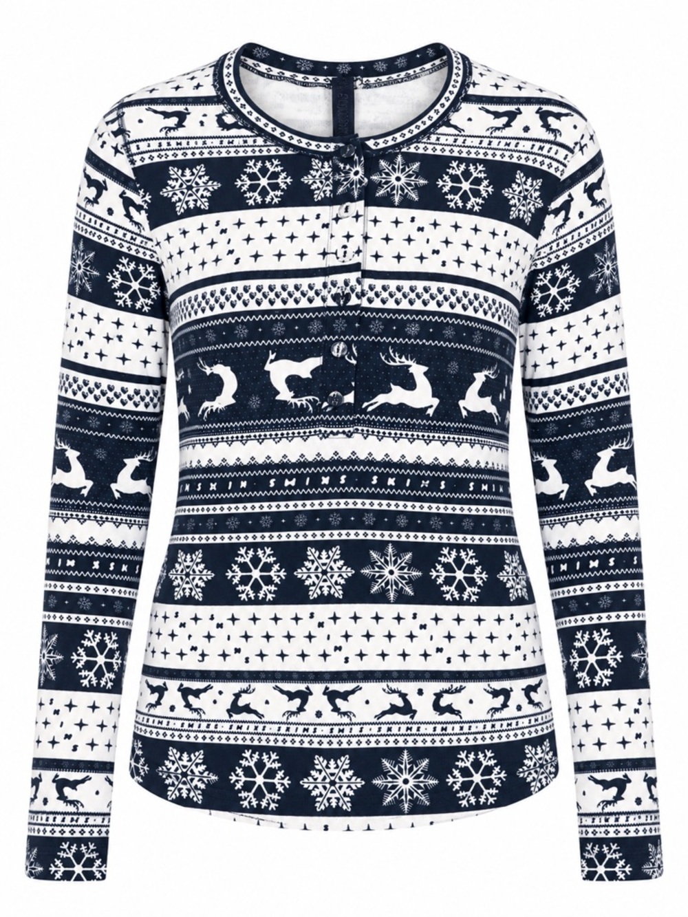 New - SKIMS Navy White Fair Isle Reindeer Snowflake Long Sleeve Top | Large